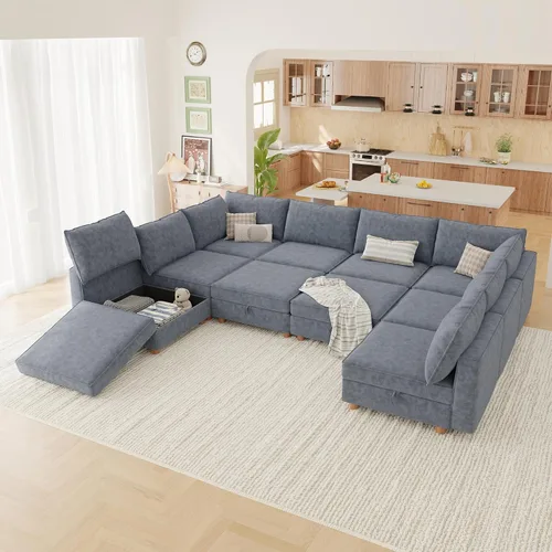 Vista 31 de 95.5" Sofá seccional modular de chenilla con almacenamiento oculto, sofá cama convertible en forma de L y U, sofá seccional moderno de 6 plazas