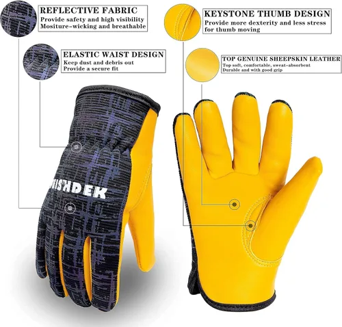 Vista 5 de Guantes de trabajo de jardinería de cuero para niños, guantes de seguridad, diseño reflectante transpirable, para niños para jardinería y exteriores