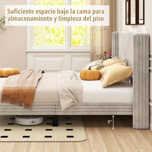 Vista 7 de Giantex Base de cama de terciopelo tamaño Queen, plataforma tapizada con cabecera vertical copetuda, base de colchón de soporte de listones
