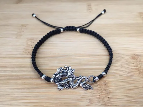 Vista 5 de Unisex fashion Black Braided Delicate Bracelet with Silver Dragon Design