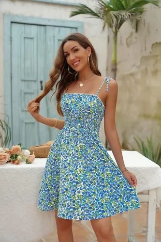 Vista 5 de Sexyasasii Vestido de verano para mujer con tirantes delgados estilo bohemio floral con volantes cintura imperio fruncido corto para patinadora