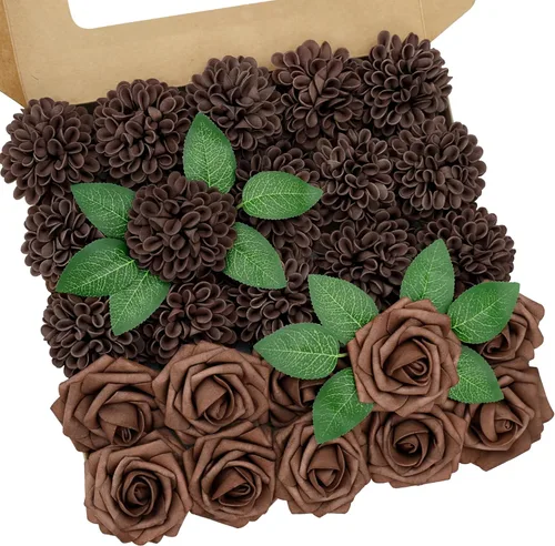 Vista 43 de Flores artificiales, 25 piezas, rosas artificiales realistas para ramos de novia, centros de mesa, arreglos, flores de Dalia negras con tallo