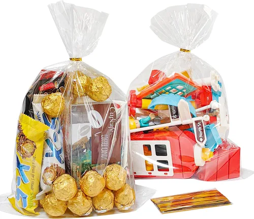 Vista 10 de QOIUSO 100 piezas de bolsas de celofán transparentes: bolsas de celofán de 10x14 pulgadas con lazos para embalar dulces, galletas y regalos, bolsas