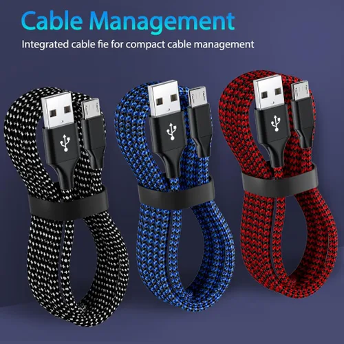 Vista 5 de Paquete de 3 cables de carga micro USB de 6 pies para Android, cable de carga micro USB largo trenzado rápido compatible con Fire Tablet, Kindle
