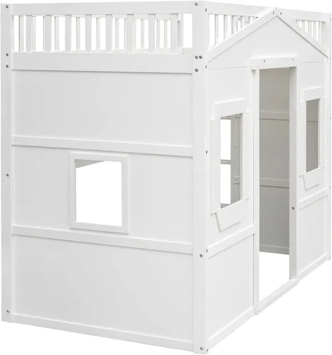 Vista 4 de Base de cama individual tipo loft para niños, cama tipo loft de madera con ventanas y barandilla, cama de casa de juegos, cama tipo loft