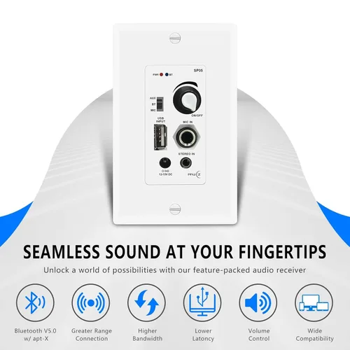 Vista 2 de receptor amplificador de control de audio en pared compatible con Bluetooth, 2 canales, placa de pared con entrada USB, micrófono (3.5mm) Aux, 120W