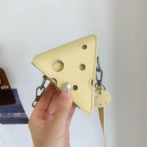 Vista 2 de Bolsas creativas con forma de queso, lindo triángulo con forma de queso, lápiz labial, bolso de hombro, bolso de PU, bolso pequeño para mujer