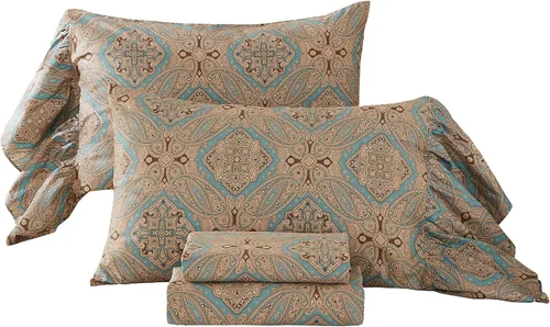 Vista 9 de ABREEZE Juego de sábanas con estampado floral beige, juego de ropa de cama bohemio, juego de ropa de cama de lujo de 4 piezas, medallón de damasco