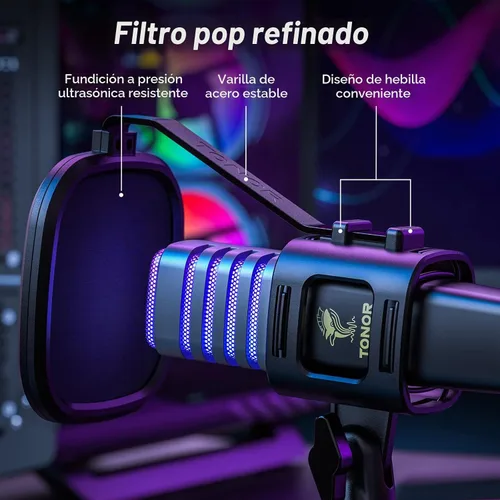 Vista 6 de TONOR Micrófono USB RGB, micrófono de condensador cardioide para computadora PC con soporte para trípode, filtro pop, soporte antivibración