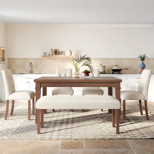 Vista 50 de Juego de mesa de comedor vintage de 6 piezas, juego de mesa de comedor de cocina de madera maciza con 4 sillas ergonómicas acolchadas y banco, mesa