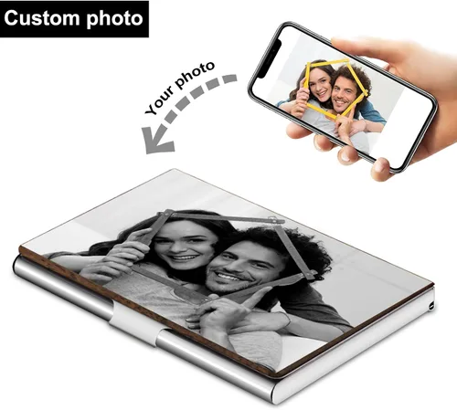 Vista 2 de Tarjetero de metal personalizado para hombres y mujeres, estuche para tarjetas de presentación fotográficas, diseño delgado, tarjetero de bolsillo