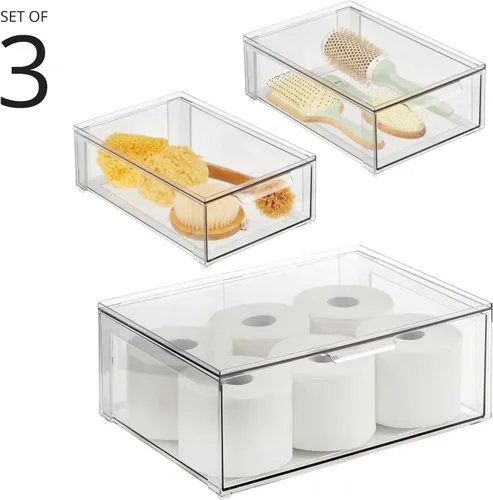 Vista 2 de mDesign - Contenedores organizadores de almacenamiento apilables de plástico para baño con cajón frontal extraíble para encimera de baño, tocador