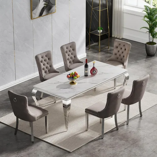 Vista 25 de Juego de 4 mesas de comedor blancas y doradas, mesa de cocina rectangular de 68 pulgadas con parte superior de mármol sintético blanco, mesa de Mesa