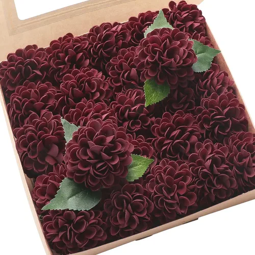 Vista 7 de Floroom Flores Artificiales de Dalia 25 piezas Rosas Falsas de Espuma Negra de Aspecto Real con Tallos para Ramos de Boda DIY Centros de Mesa