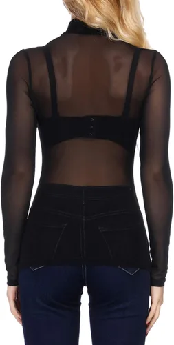 Vista 2 de Kate Kasin - Blusa de malla para mujer, de manga larga, con cuello alto, de cuello alto