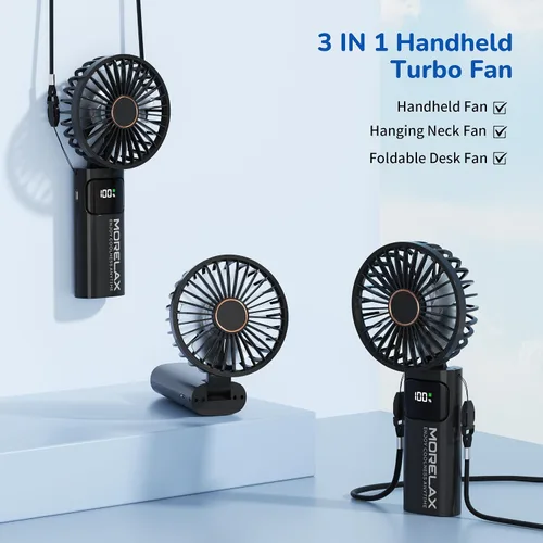 Vista 4 de Ventilador de mano portátil, mini ventilador personal plegable recargable por USB, 5200 mAh, 180 ajustables, viento de 6 velocidades, ventilador