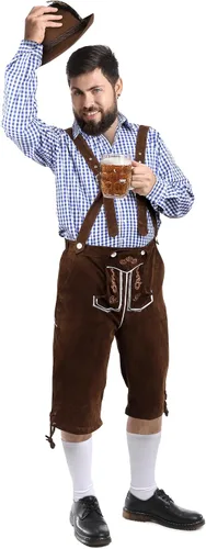 Vista 5 de SOMSOC Disfraz de Oktoberfest bávaro alemán para hombre, incluye Lederhosen para hombre con tirantes, camisa, calcetines y sombrero