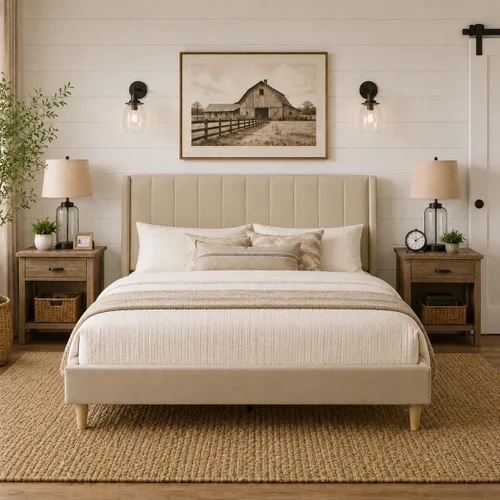 Vista 12 de Upholstered Bed Frame with Wingback Headboard and Wood Slats (Beige-Linen, Twin)