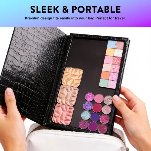 Vista 5 de Paleta de maquillaje magnética vacía grande con soporte plegable (capacidad para 60 sartenes estándar) – Estuche organizador profesional de sombra