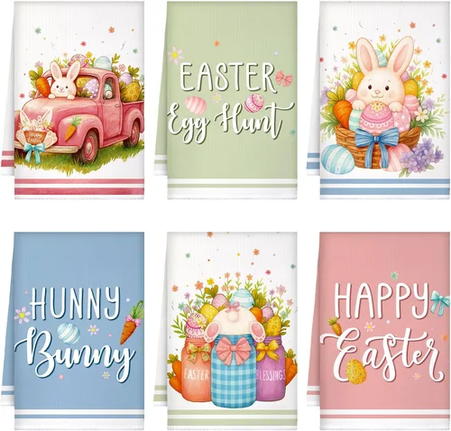 Vista 8 de Preboun 6 toallas de cocina con huevos de Pascua, toallas de mano retro con diseño de conejo, color negro y blanco a cuadros, paño decorativo