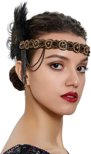 Vista 28 de Roaring 20s Great Gatsby - Diadema estilo flapper para mujer, estilo Art Deco de los años 20, con plumas A azul