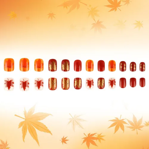 Vista 7 de Uñas postizas a presión de otoño, uñas postizas cortas cuadradas de MABKJLF con diseños de hojas de arce, pegamento brillante en uñas, uñas