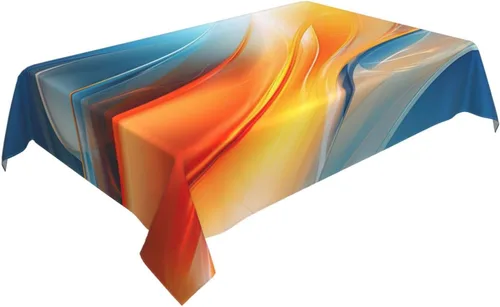 Vista 4 de Mantel rectangular moderno con diseño de arte fluido, naranja, azul, degradado, poliéster, impermeable, reutilizable, patrón abstracto de ondas