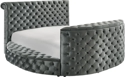 Vista 6 de Base de cama con chimenea y elevador de TV, marco de cama circular con botones acolchonados, cabecera enrollada y ribete de cabeza de clavos