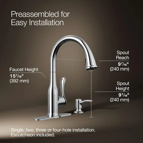Vista 3 de KOHLER K-R23863-SD-CP Motif Grifos de cocina con pulverizador desplegable, llaves de fregadero de cocina, resistentes a las manchas, cromo pulido
