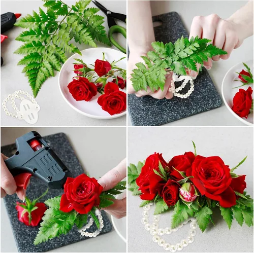 Vista 7 de Pulsera de perlas con ramillete de muñeca elástica para muñeca, pulsera elástica de perlas para boda, ramillete de perlas de imitación, Seda