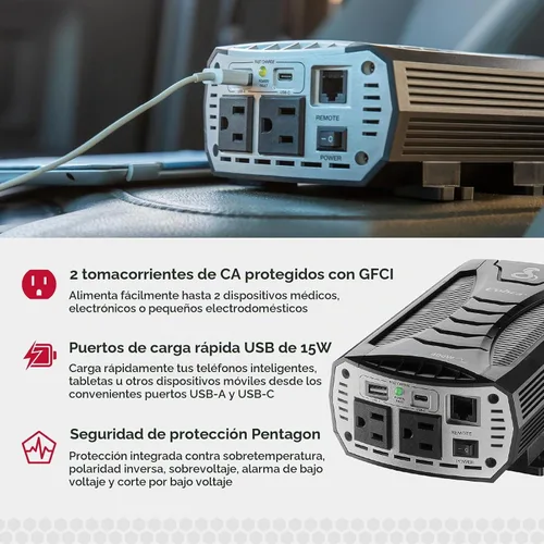 Vista 4 de Inversor de Potencia Cobra PURE SINE de 400W, Portátil – Cargador para Automóvil de 400 Vatios, 2 Enchufes de CA con Conexión a Tierra, 2 Puertos
