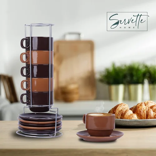 Vista 3 de Servette Home Tazas de café espresso apilables de 5 onzas con platillos y soporte, juego de 6