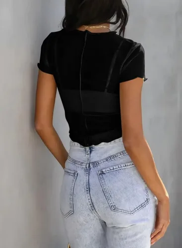 Vista 3 de Allytok Camisetas cortas de malla para mujer, de verano, manga corta, cuello redondo, transparente, Y2K