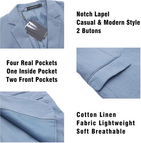 Vista 3 de MAGE MALE Blazer casual para hombre, chaqueta ligera de traje de dos botones, abrigo deportivo de lino, chaqueta de esmoquin ajustada para negocios