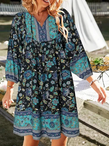 Vista 3 de TEMOFON Mini vestido bohemio para mujer verano floral 34 manga larga cuello en V fluido suelto casual vestidos de playa