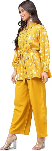 Vista 5 de Janasya Día de la Mujer Amarillo Crepe Foil Impreso Co-ord Set
