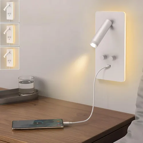 Vista 7 de M04 - Apliques regulables para montaje en pared, luz de lectura, lámpara de noche con puerto USB, enchufable, lámparas de pared con cable duro