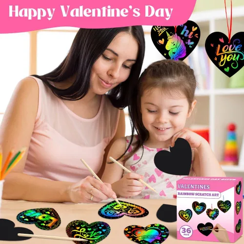 Vista 2 de MDCGFOD Paquete de 36 regalos para el día de San Valentín para niños, cuna de corazón para arañar arco iris, manualidades de San Valentín