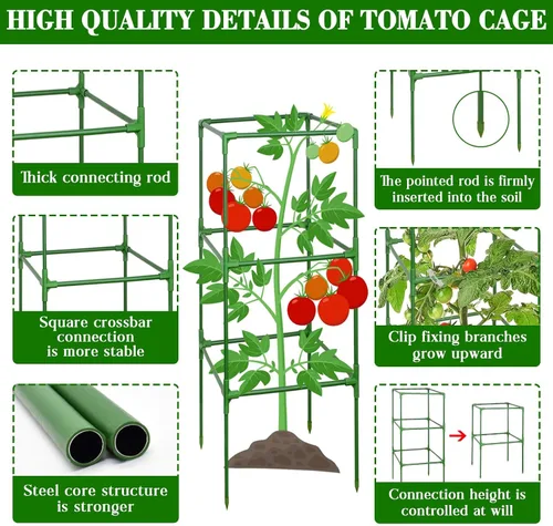 Vista 5 de ZeeDix Paquete de 4 jaulas cuadradas de tomate para jardín con clips de 45 Verde-Paquete de 4