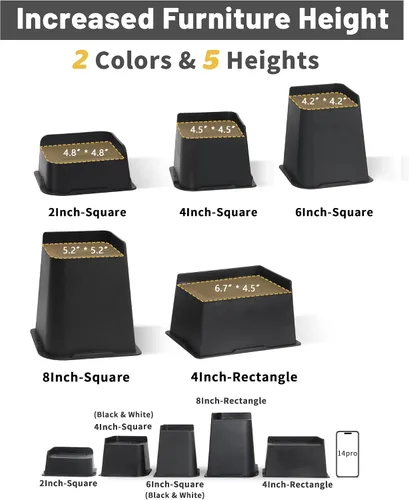 Vista 4 de Affogato Elevadores de cama, paquete de 4 elevadores de muebles resistentes de 8 pulgadas, extensores de patas de mesa, elevadores de cama