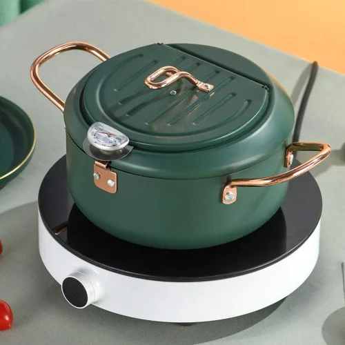 Vista 3 de Freidora de 9.4 in con tapa con bisagras, escurridor de aceite, control de temperatura ajustable, perfecta para cocinas de inducción, estufas