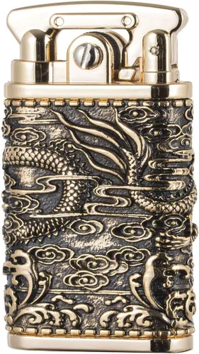 Vista 3 de Dragón chino Tipo antiguo Llama suave balancín brazo queroseno encendedor (dorado)