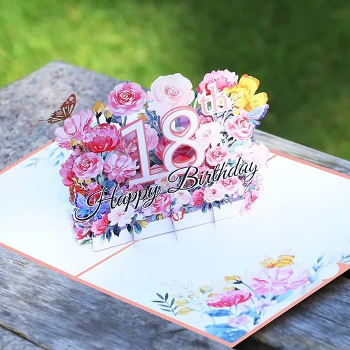 Vista 5 de Tarjeta desplegable de cumpleaños número 18, tarjeta de felicitación de flores 3D para mujer Tarjeta de cumpleaños número 18