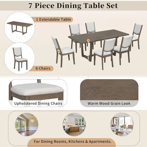 Vista 8 de Merax Juego de mesa de comedor extensible de 7 piezas para 6, mesa de cocina rectangular con 6 sillas tapizadas y respaldo curvado para comedor