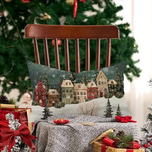 Vista 5 de Funda de almohada rectangular decorativa lumbar de invierno de 12 x 20 pulgadas, diseño de copos de nieve, casa del bosque de las maravillas, funda