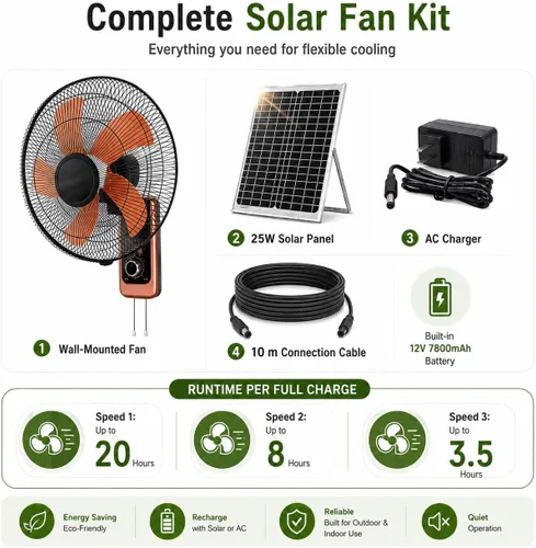 Vista 9 de Ventilador solar de 16 pulgadas con aspas de aluminio, ventilador solar para gallinero con batería con cable de control de 3 velocidades para Negro