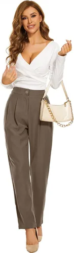 Vista 2 de FUNYYZO Pantalones fluidos de pierna ancha para oficina, negocios, casual, cintura alta, pantalones de vestir