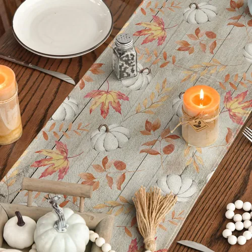 Vista 4 de Artoid Mode Camino de mesa de otoño de madera beige con hojas de arce, decoración de mesa de comedor de cocina de otoño de temporada para decoración