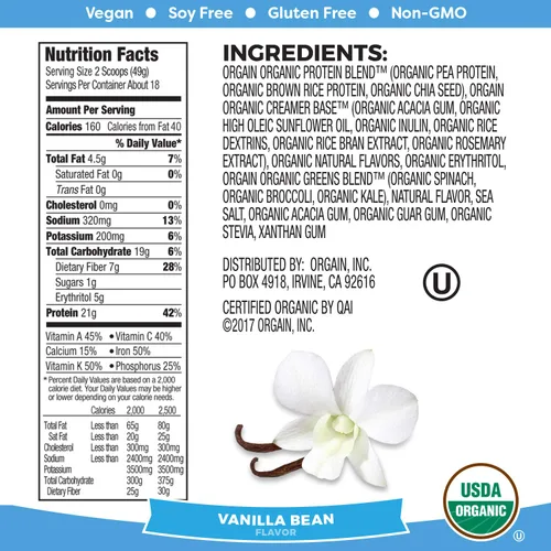 Vista 3 de Orgain Proteína vegana orgánica en polvo + verduras, vainilla – 0.81 onzas de proteína a base de plantas, sin gluten, sin lácteos, sin lactosa, sin