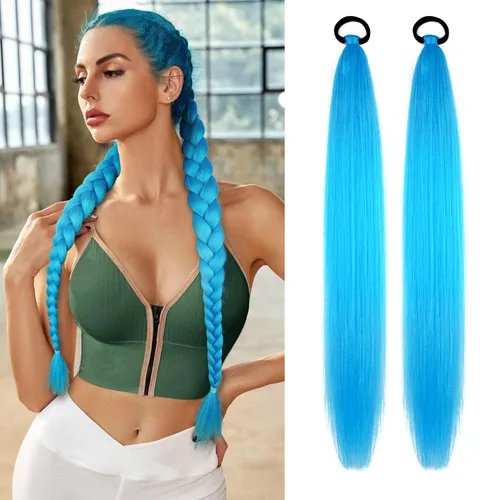 Vista 21 de Paquete de 2 extensiones de cola de caballo trenzada con lazo elástico, lacio, elegante envolvente, extensiones de cola de caballo de 26 pulgadas